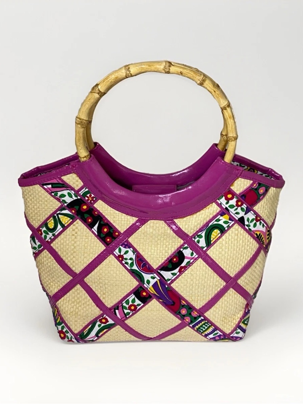 Vera Bradley Viva La Vera Straw Satchel with Pink Leather Trim and Bamboo Handle